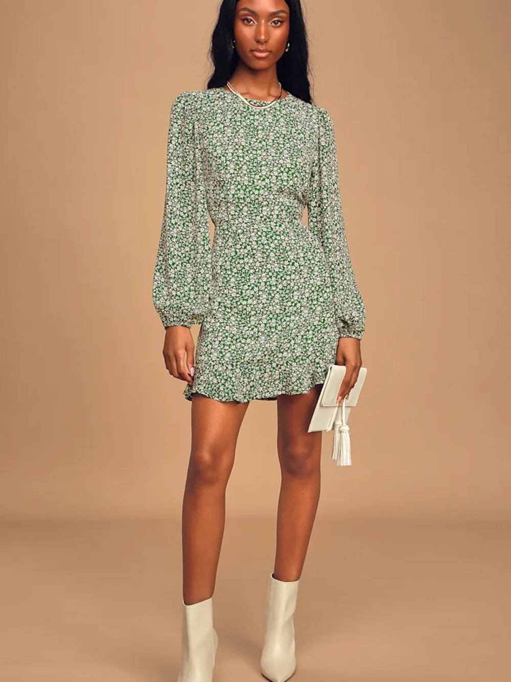 Lulu's Green Floral Long-Sleeve Mini Dress